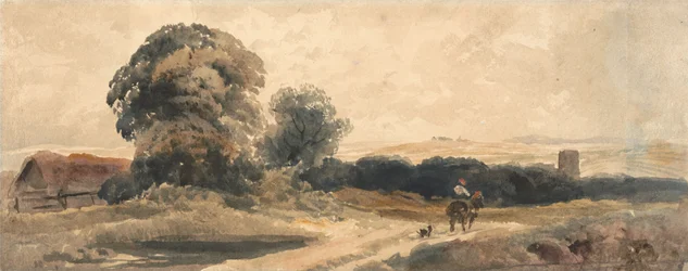 Una strada di campagna con viaggiatore a cavallo
